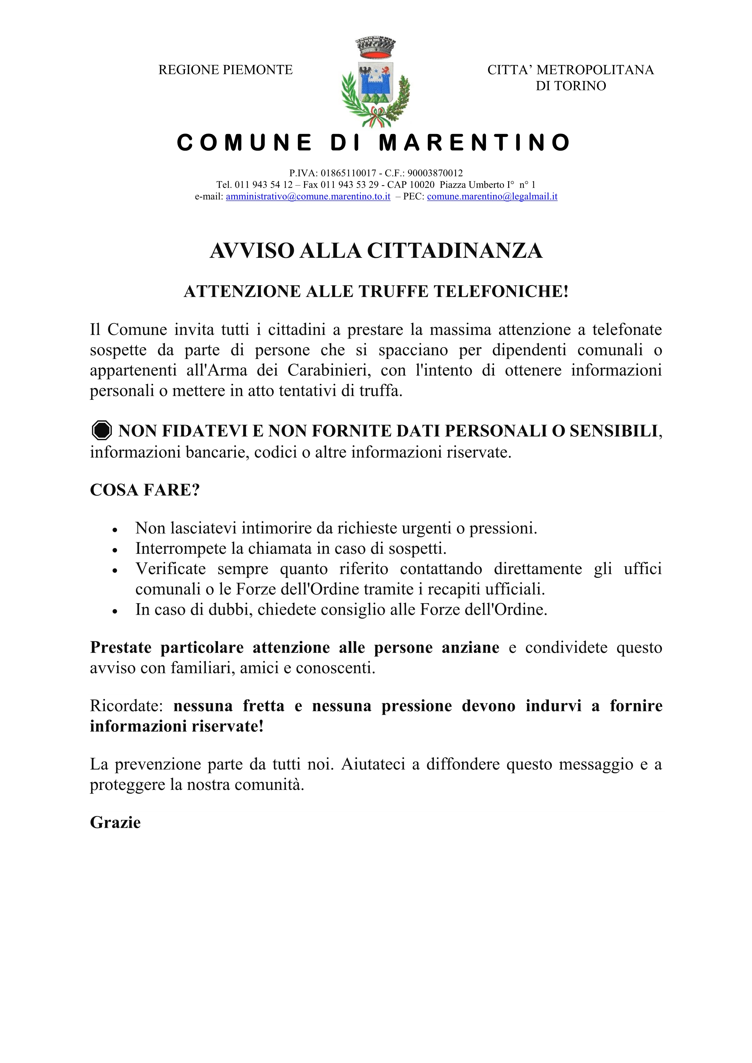 Avviso alla cittadinanza


