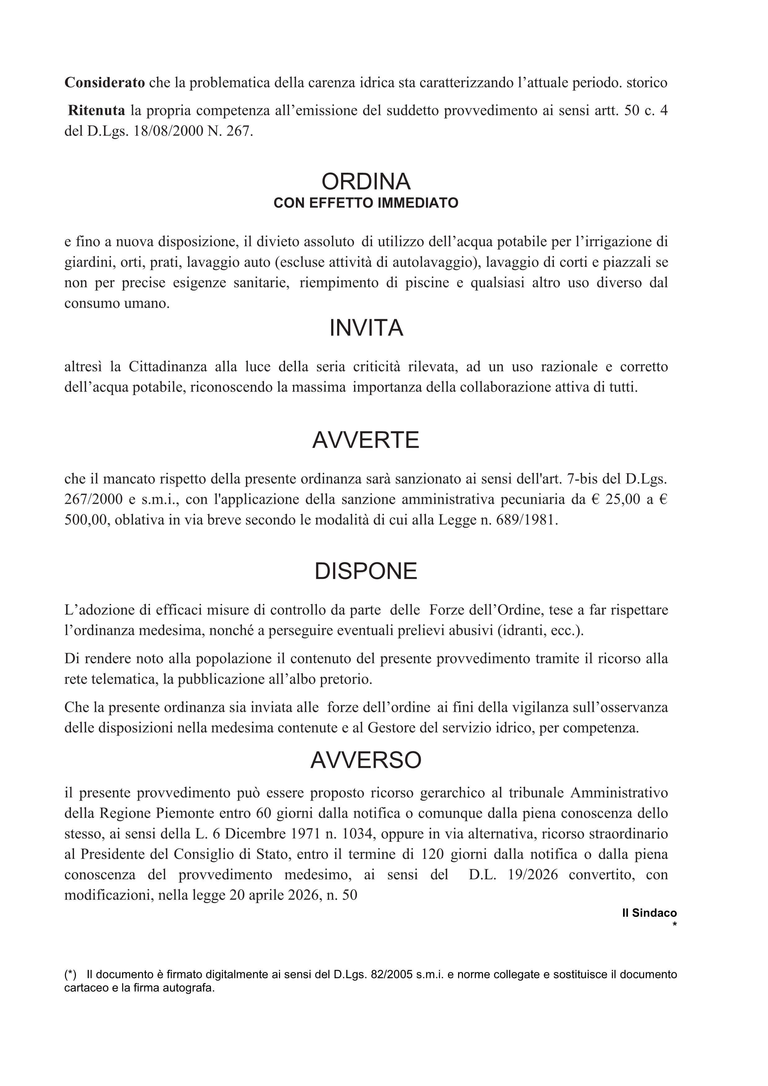 Ordinanza n.8 del 12.08.2026 di Divieto di utilizzo di acqua potabile per scopi diversi dagli usi domestici.
